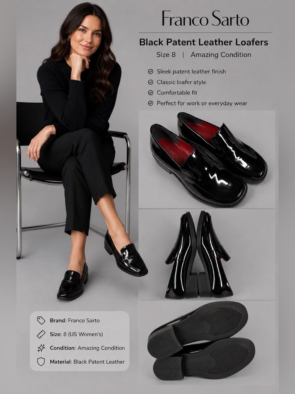 Franco Sarto Black Patent Leather Loafers Women’s Size 8 - Picture 7 of 7